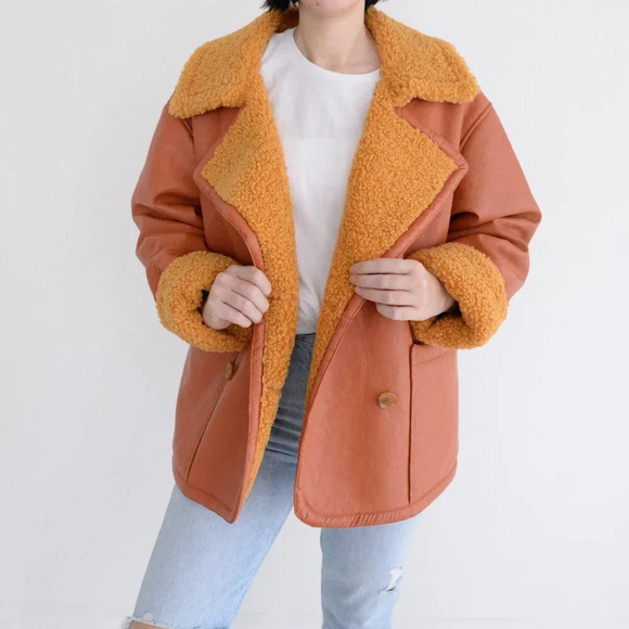 We The Free Kaja Vegan Bonded Leather Peacoat Rust Bomber Jacket Boho M - Picture 2 of 12